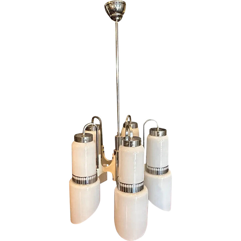 Vintage Space Age white glass and wood chandelier by Gaetano Sciolari, 1970s