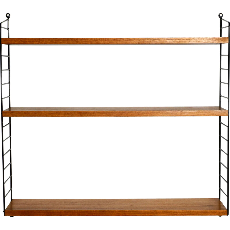 Vintage teak wall hanging shelf with 3 shelves by Nisse Strinning, 1960s