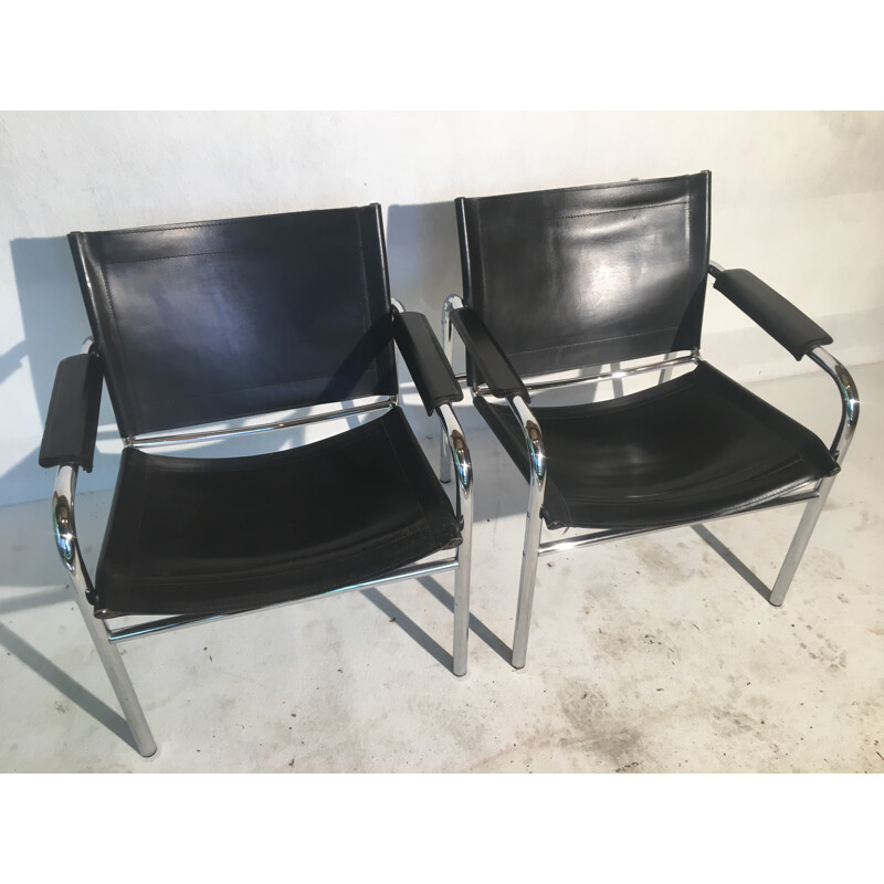 Ensemble de 2 fauteuils en cuir et tubulure chromé Bauhaus - 1980