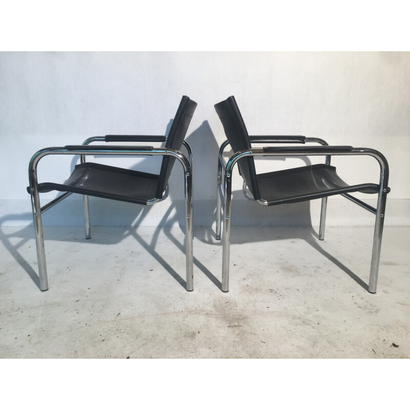 Set of 2 Bauhaus tubular and leather armchairs - 1980s