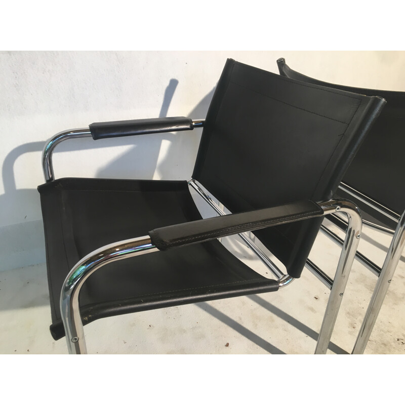 Set of 2 Bauhaus tubular and leather armchairs - 1980s