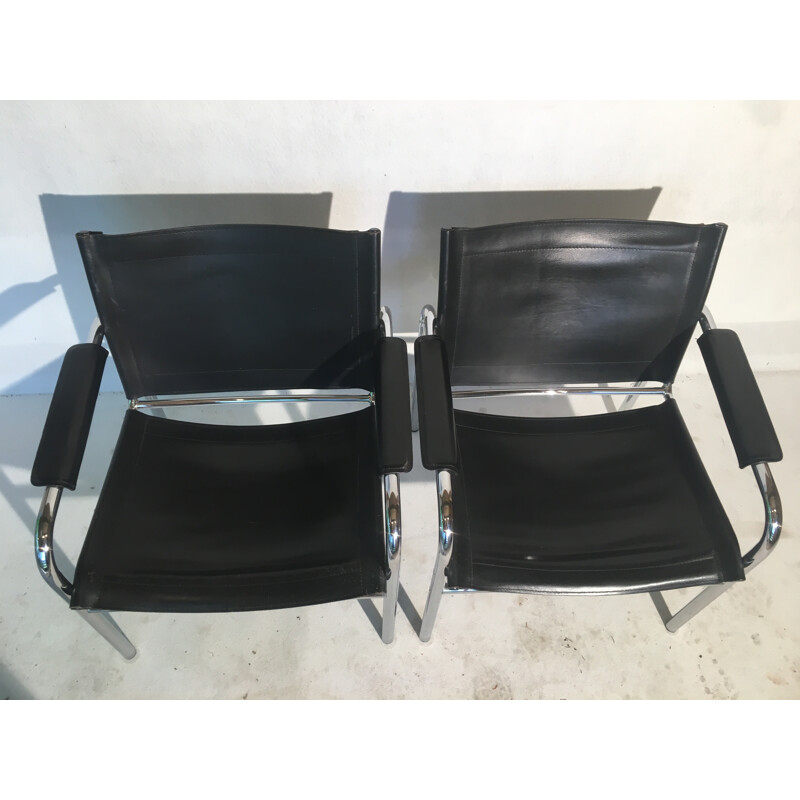 Ensemble de 2 fauteuils en cuir et tubulure chromé Bauhaus - 1980