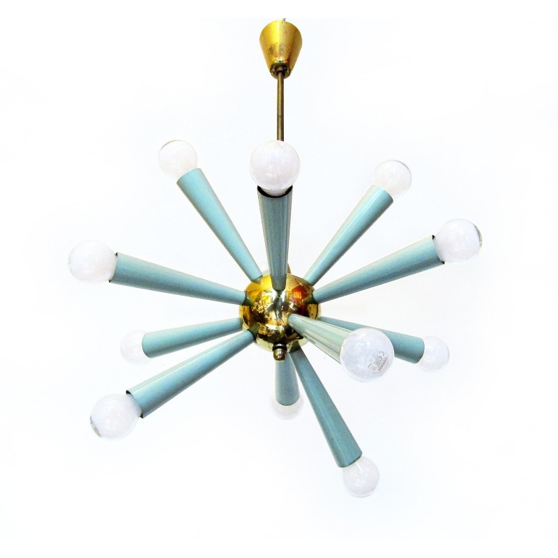 Vintage 12-light Sputnik Starburst chandelier in green metal and brass, 1950s