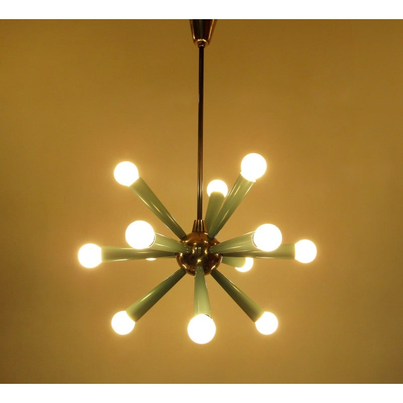 Lampadario vintage a 12 luci Sputnik Starburst in metallo verde e ottone, anni '50