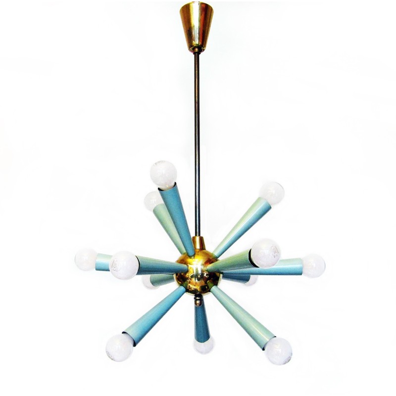Araña vintage Sputnik Starburst de 12 luces en metal verde y latón, años 50