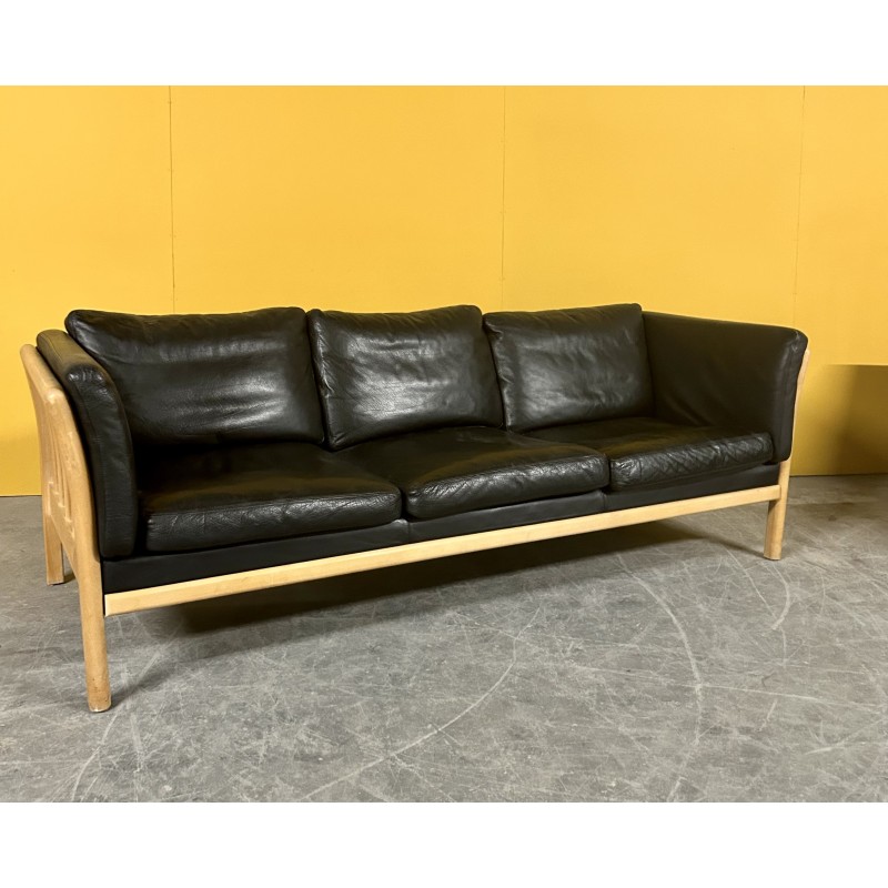 Danish vintage 3 seater black leather sofa with wooden frame, 1960s