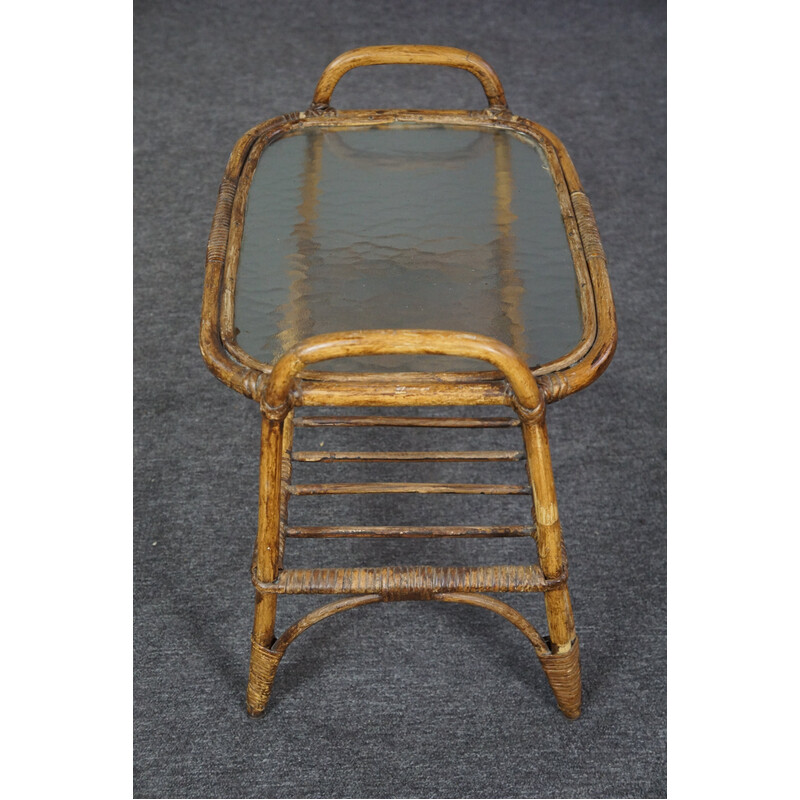 Vintage rattan Dutch side table with cloud glass top, 1950s