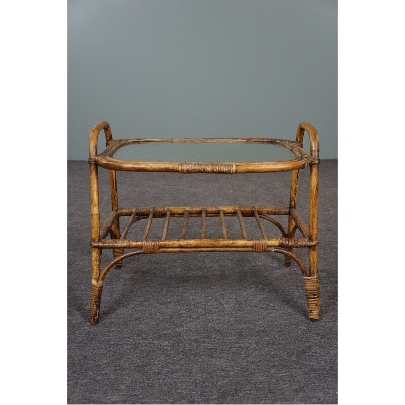 Vintage rattan Dutch side table with cloud glass top, 1950s