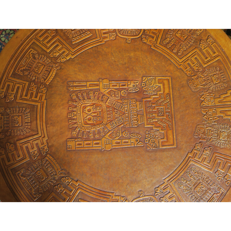 Vintage circular coffee table with a tooled leather top by Angel Pazmino for Muebles de Estilo, 1970s