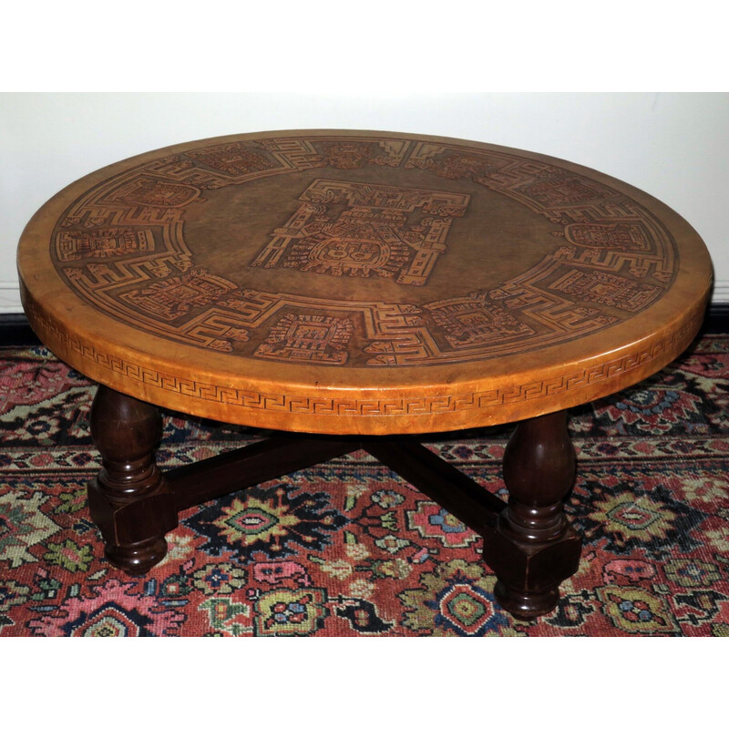 Vintage circular coffee table with a tooled leather top by Angel Pazmino for Muebles de Estilo, 1970s