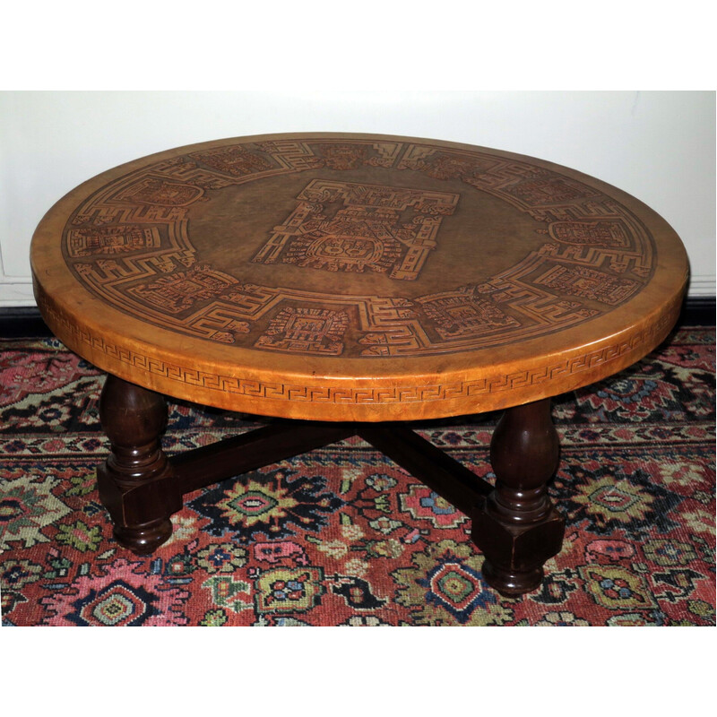 Vintage circular coffee table with a tooled leather top by Angel Pazmino for Muebles de Estilo, 1970s