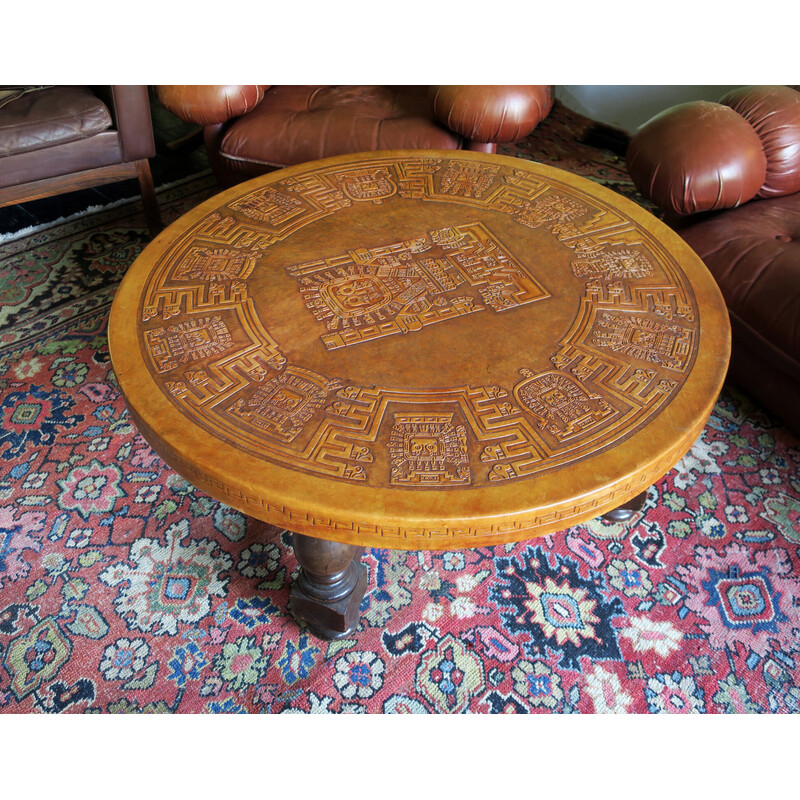 Vintage circular coffee table with a tooled leather top by Angel Pazmino for Muebles de Estilo, 1970s