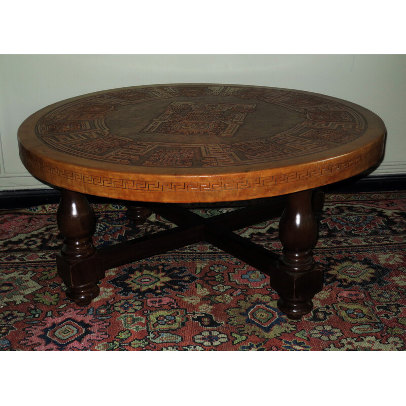 Vintage circular coffee table with a tooled leather top by Angel Pazmino for Muebles de Estilo, 1970s