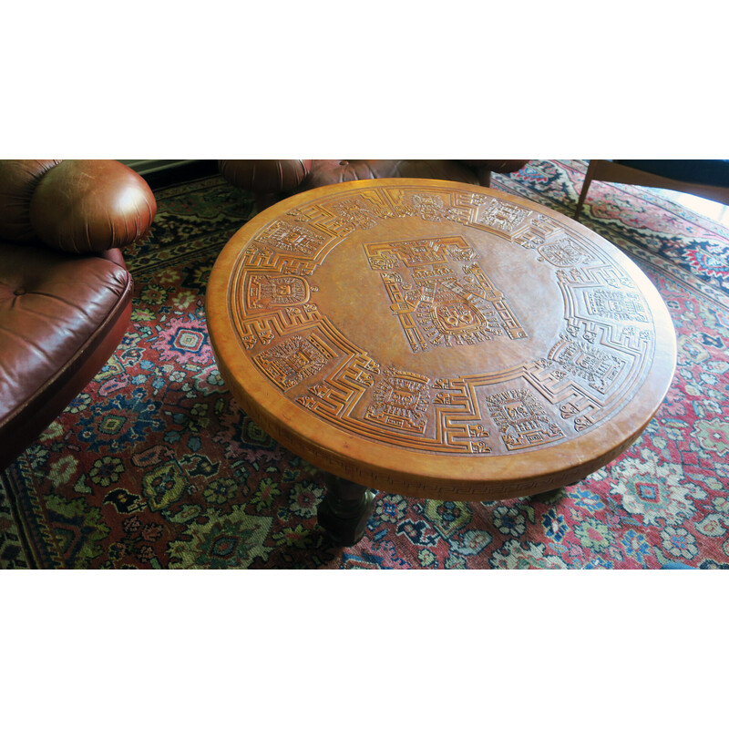 Vintage circular coffee table with a tooled leather top by Angel Pazmino for Muebles de Estilo, 1970s