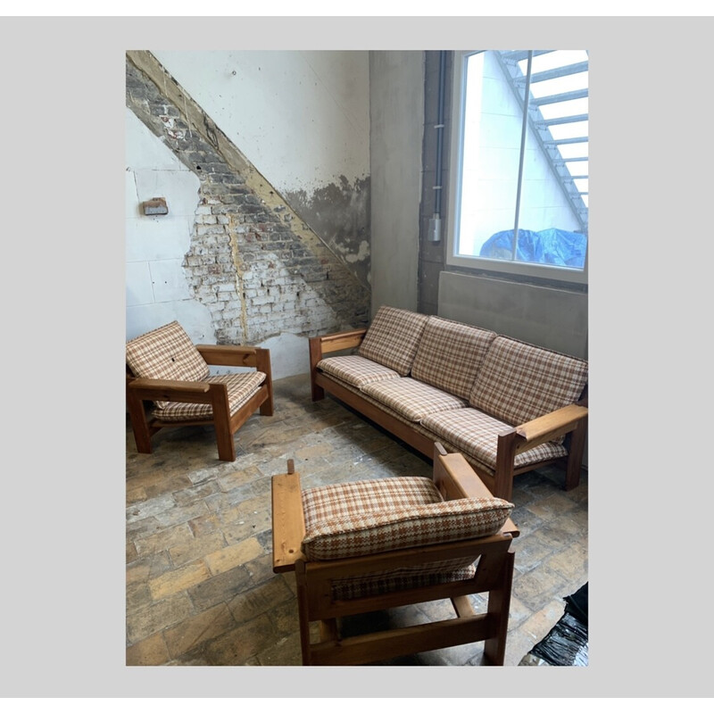 Conjunto de sala de estar vintage brutalista em pinho, França 1960