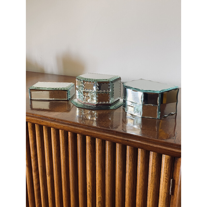 Set of 3 mid-century mirrored jewelry boxes, France 1940s