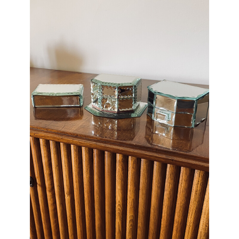 Set of 3 mid-century mirrored jewelry boxes, France 1940s