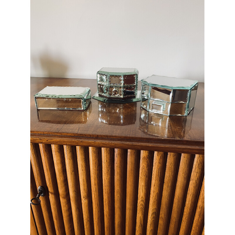 Set of 3 mid-century mirrored jewelry boxes, France 1940s