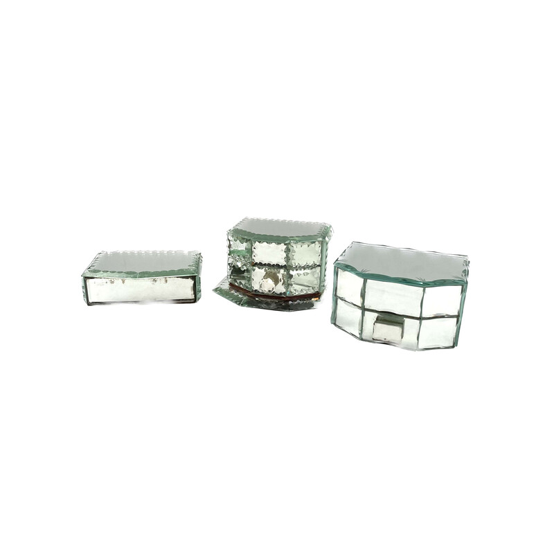 Set of 3 mid-century mirrored jewelry boxes, France 1940s