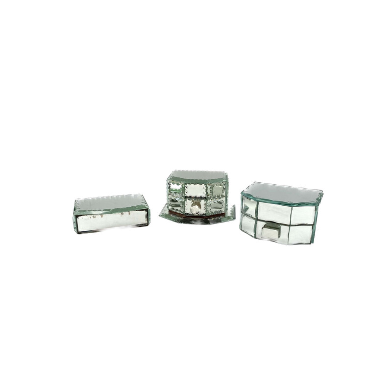 Set of 3 mid-century mirrored jewelry boxes, France 1940s