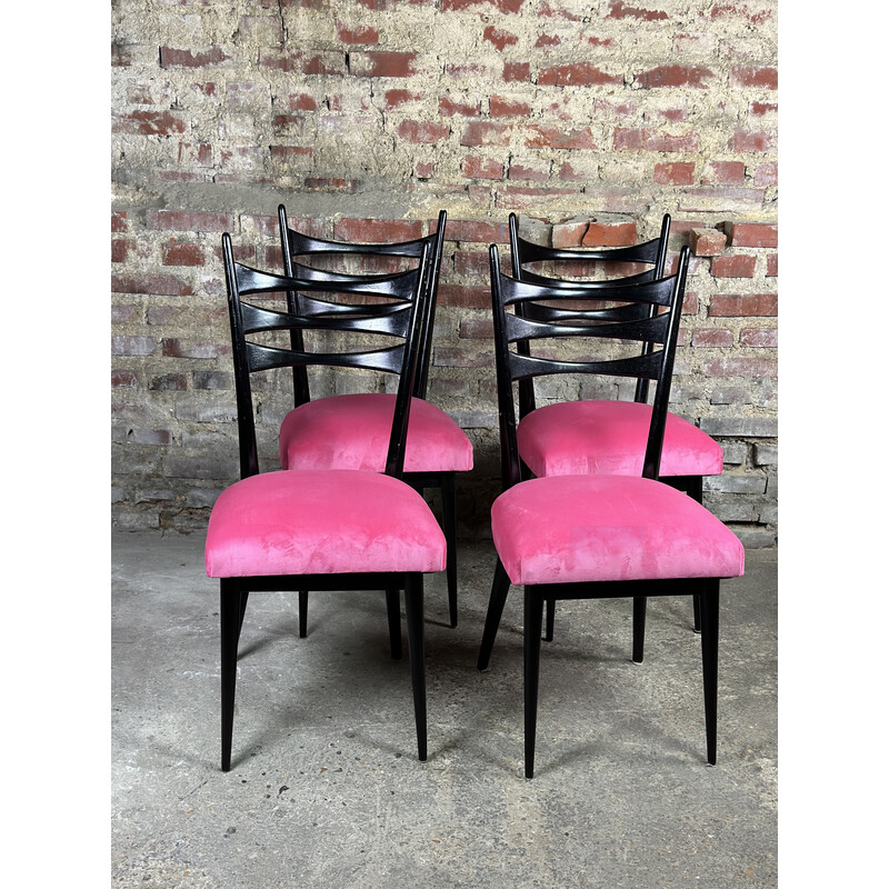 Set di 4 sedie vintage in legno annerito e velluto rosa, Italia 1960