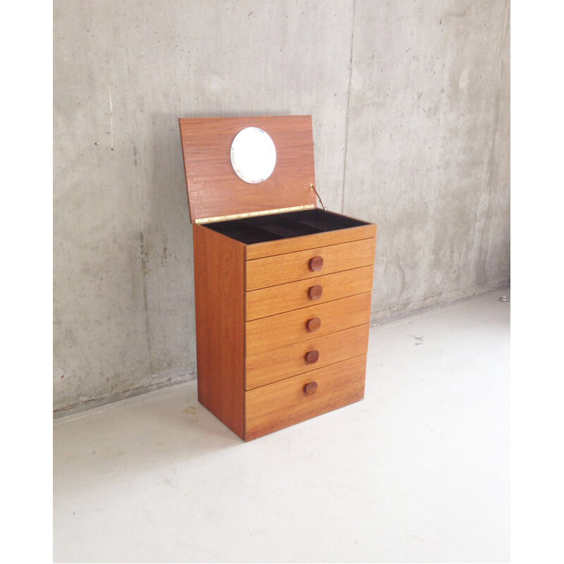 Mid century teak chest of drawers with lift up mirror and jewellery tray - 1970s