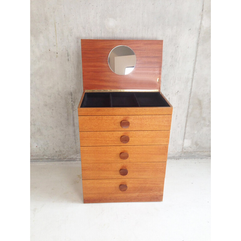 Mid century teak chest of drawers with lift up mirror and jewellery tray - 1970s
