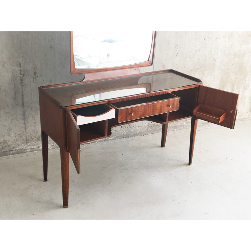 Heals mid century glass topped rosewood dressing table with brass detailing - 1960s