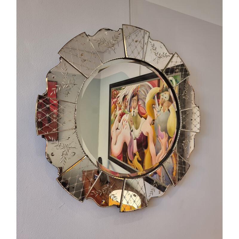 Miroir vénitien rond vintage en verre gravé