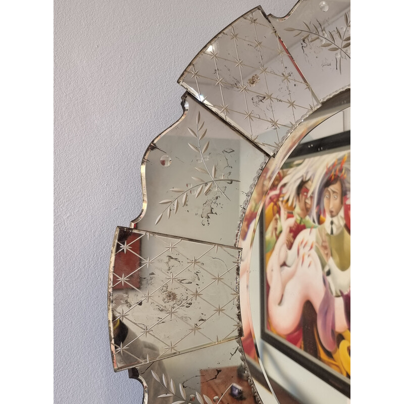 Vintage ronde Venetiaanse spiegel in gegraveerd glas