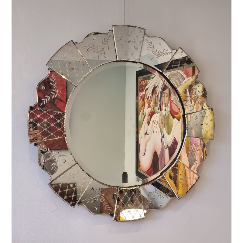 Espelho veneziano redondo vintage em vidro gravado