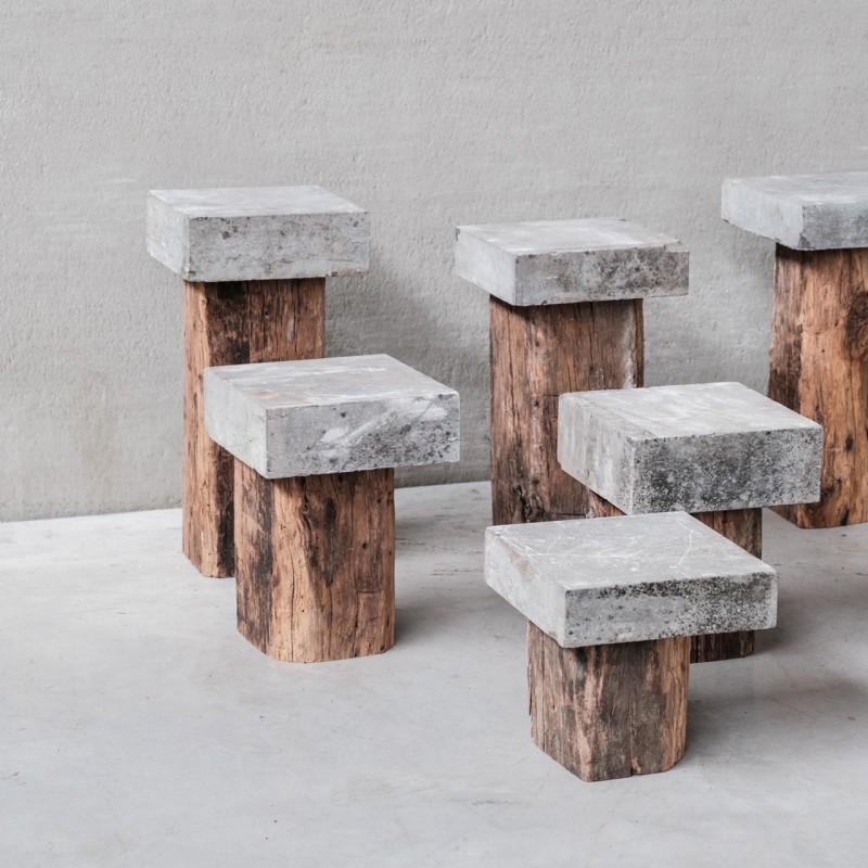 Set of 11 mid-century wooden and stone pedestals, France 1970s