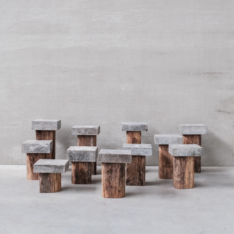 Set of 11 mid-century wooden and stone pedestals, France 1970s