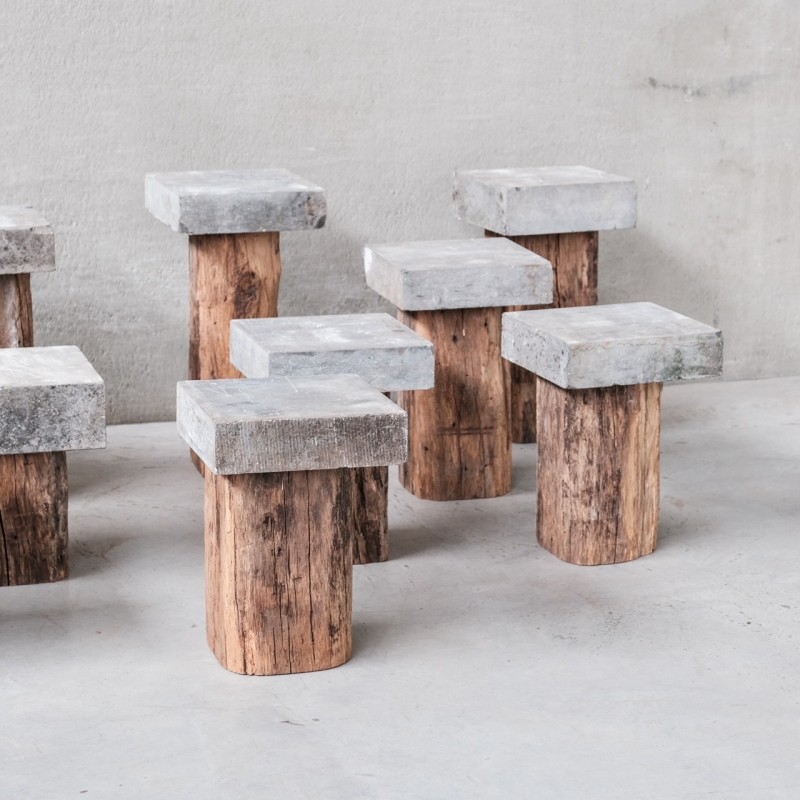 Set of 11 mid-century wooden and stone pedestals, France 1970s