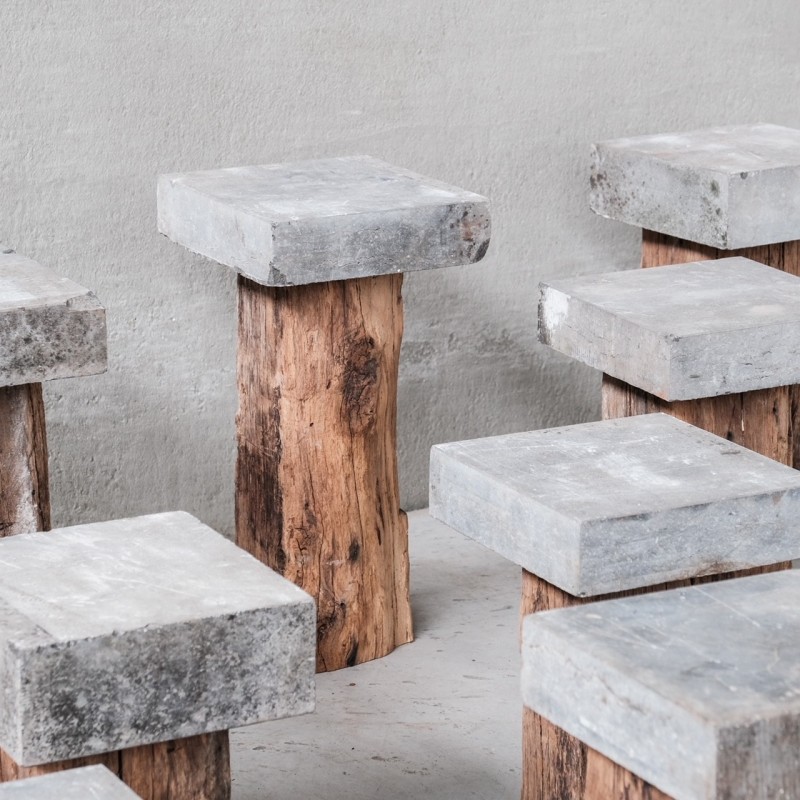 Juego de 11 pedestales de madera y piedra de mediados de siglo, Francia Años 70