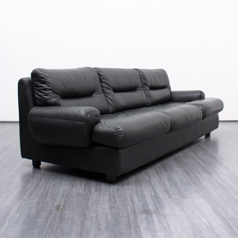 3-seater black leather sofa - 1970s
