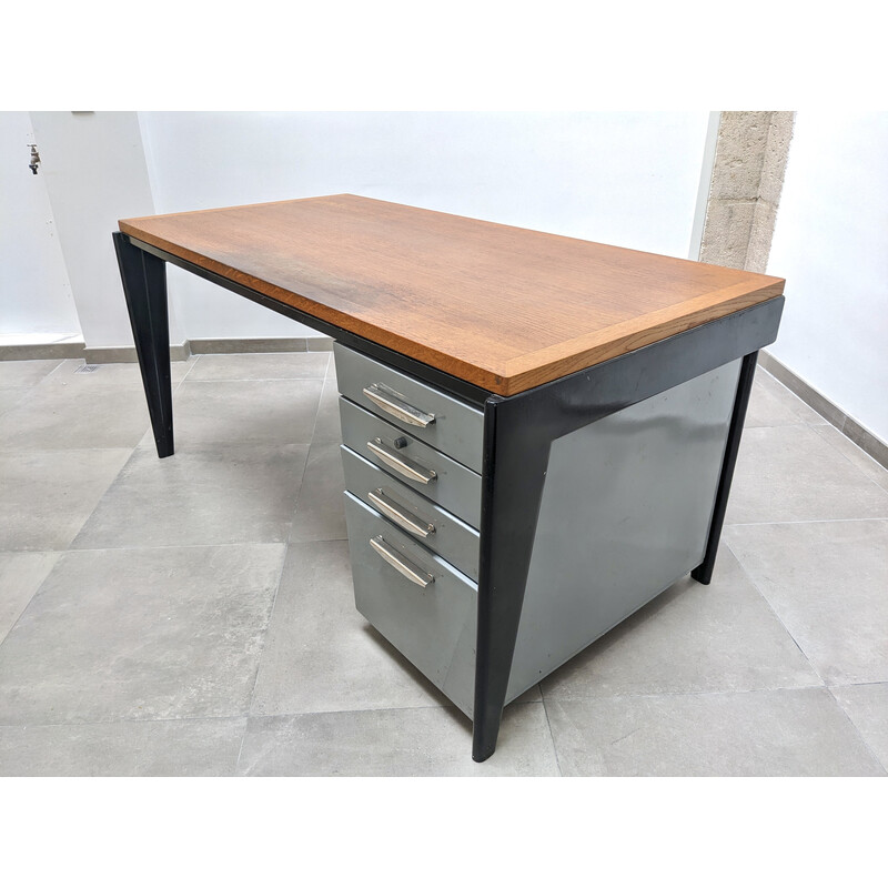 Bureau vintage en tôle d'acier et en chêne par Jean Prouvé, 1948