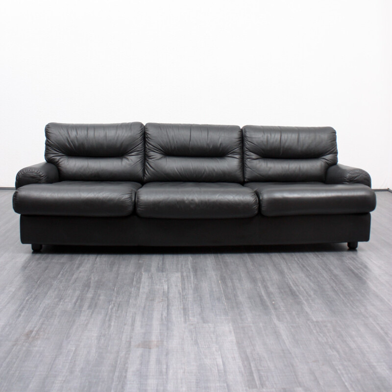 3-seater black leather sofa - 1970s