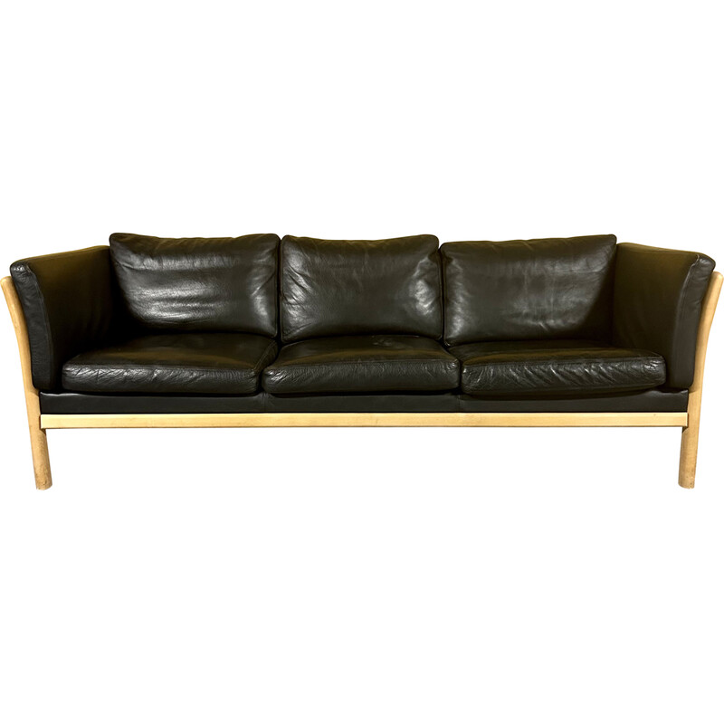 Danish vintage 3 seater black leather sofa with wooden frame, 1960s