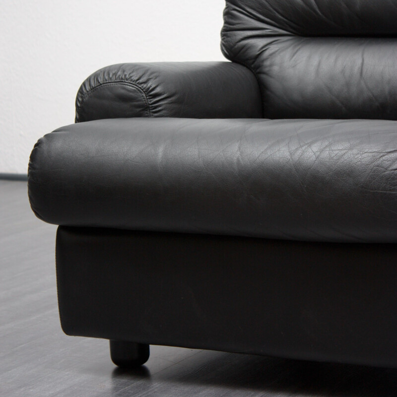 3-seater black leather sofa - 1970s