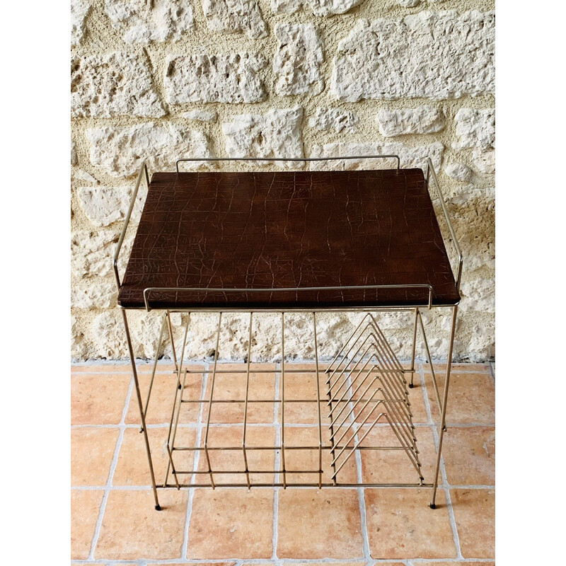 Tavolino vintage in metallo ed ecopelle, 1960
