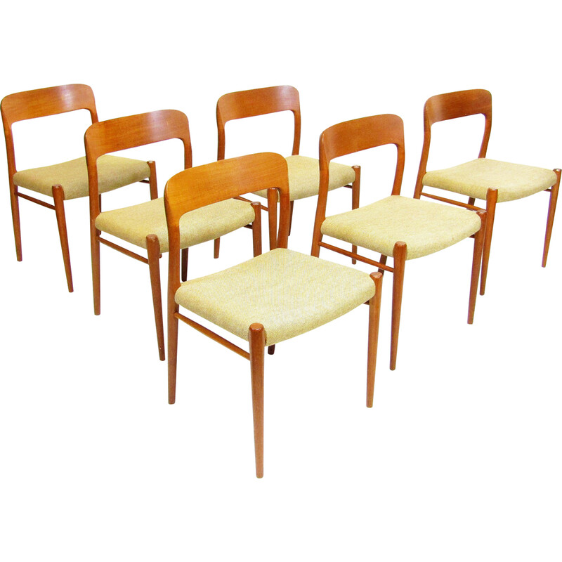 Conjunto de 6 cadeiras vintage em teca modelo 75 de Niels Moller para Jl Moller, 1950
