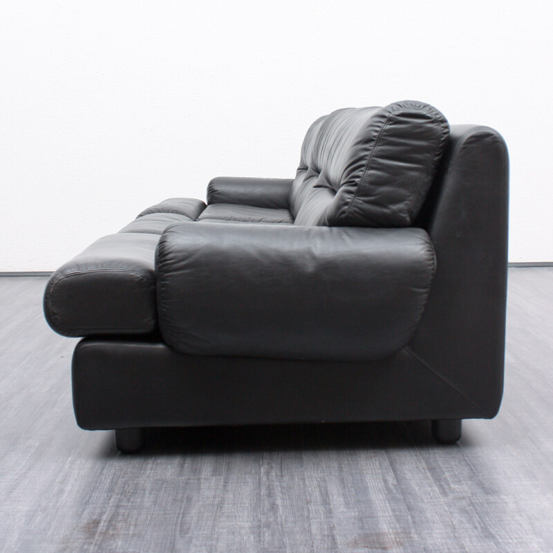 3-seater black leather sofa - 1970s