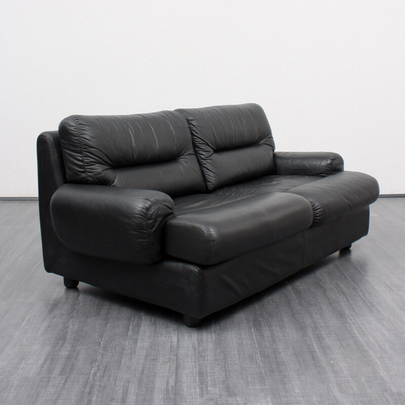 Two-seater black leather armchair - 1970s