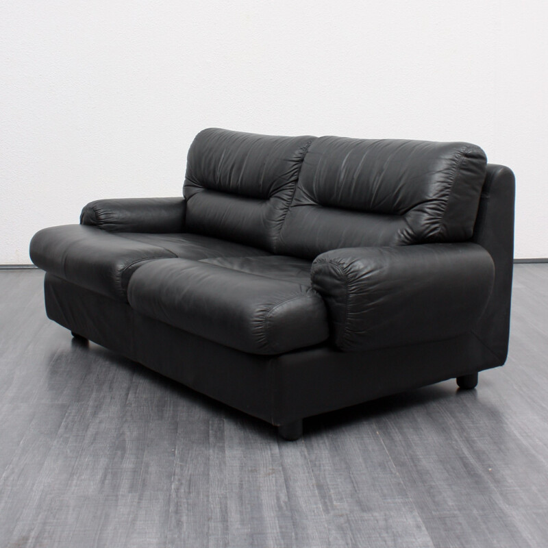 Two-seater black leather armchair - 1970s