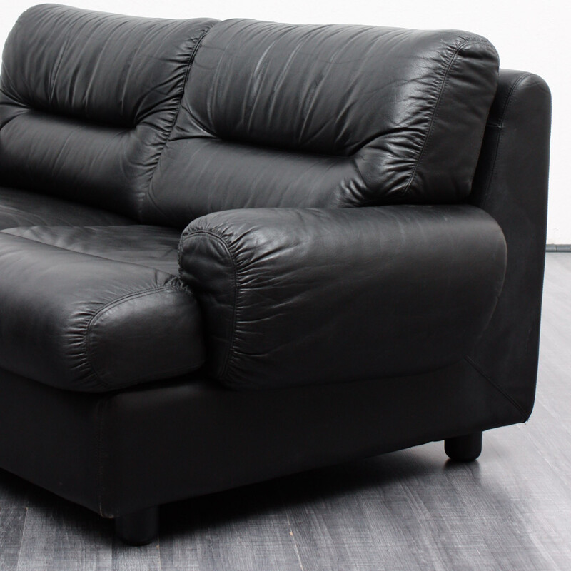 Two-seater black leather armchair - 1970s