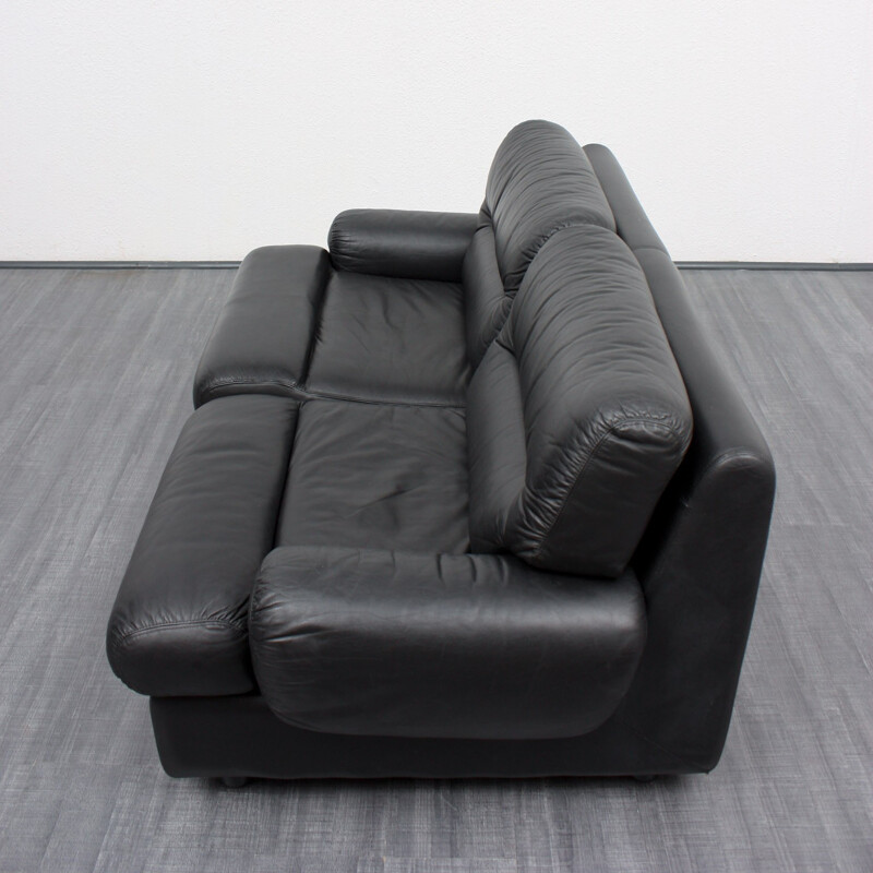 Two-seater black leather armchair - 1970s