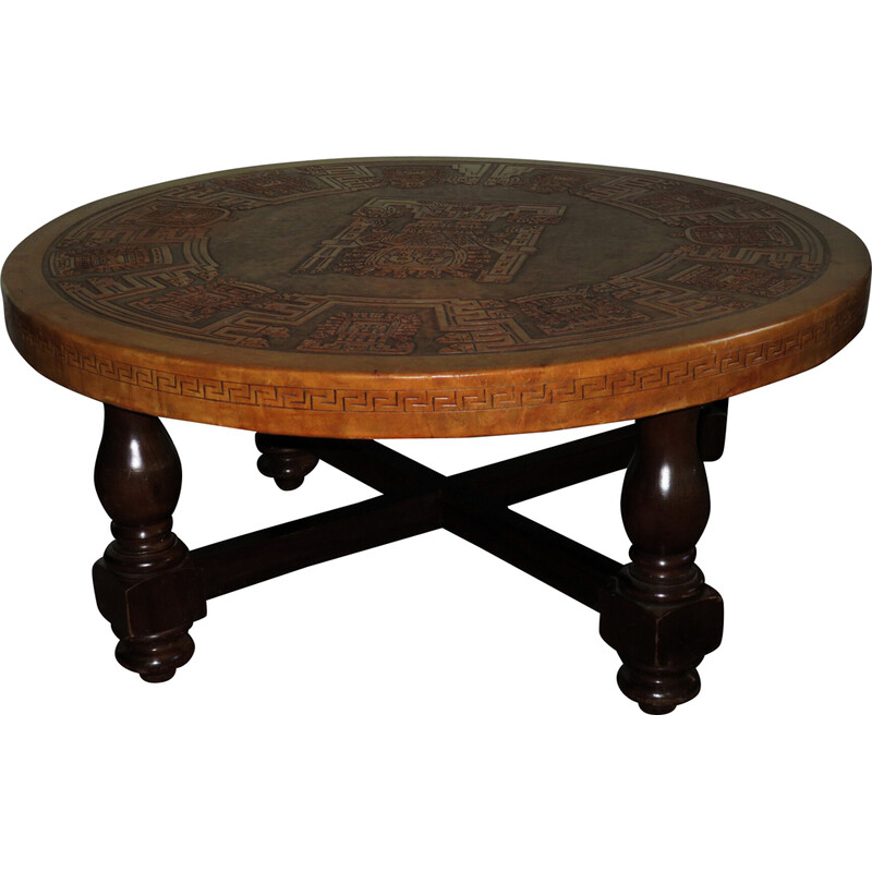 Vintage circular coffee table with a tooled leather top by Angel Pazmino for Muebles de Estilo, 1970s