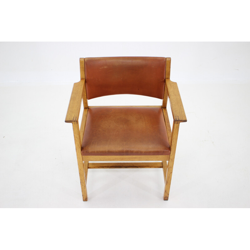 Fauteuil de bureau vintage en bois de chêne et cuir par Borge Mogensen, Danemark 1960