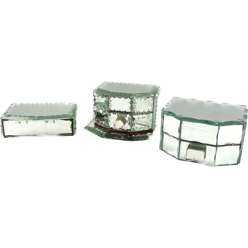 Set of 3 mid-century mirrored jewelry boxes, France 1940s